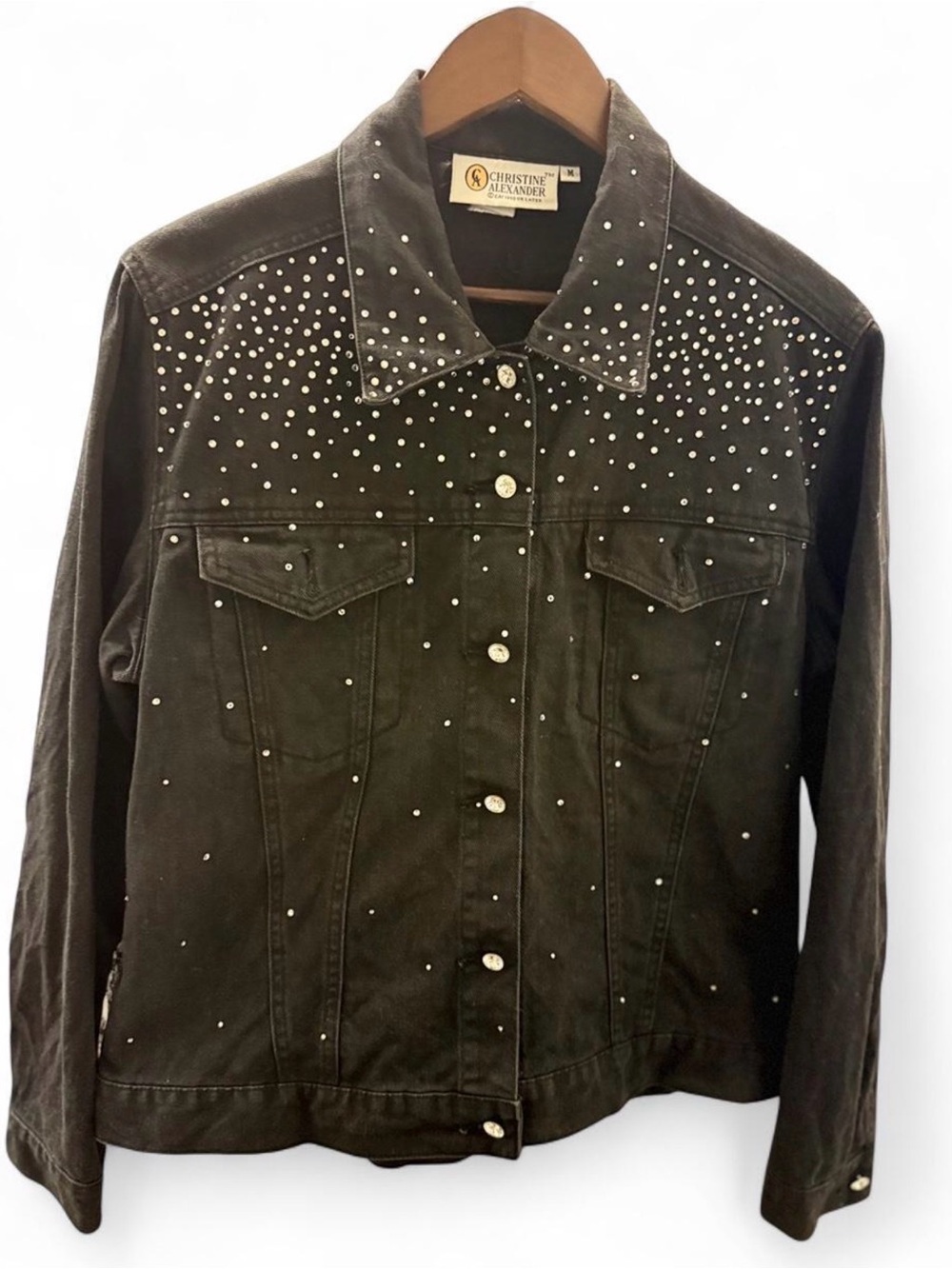 Christine Alexander Washed Black Rhinestone Studded Denim Jacket Size Medium